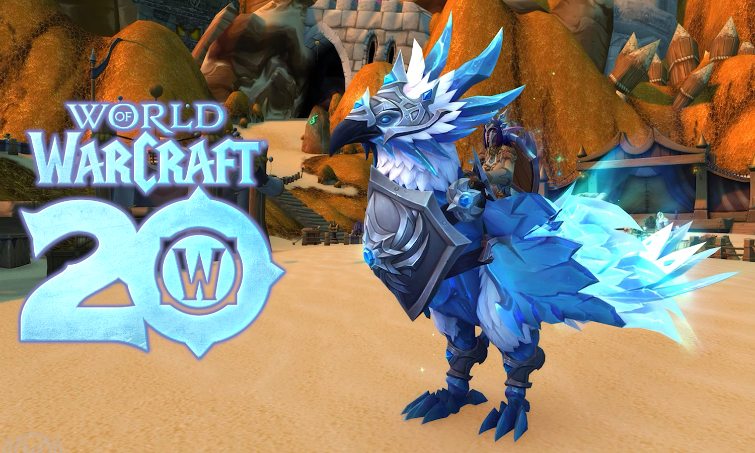 A frosty blue phoenix mount standing outside the Caverns of Time in Tanaris. To its left is a blue logo that says 